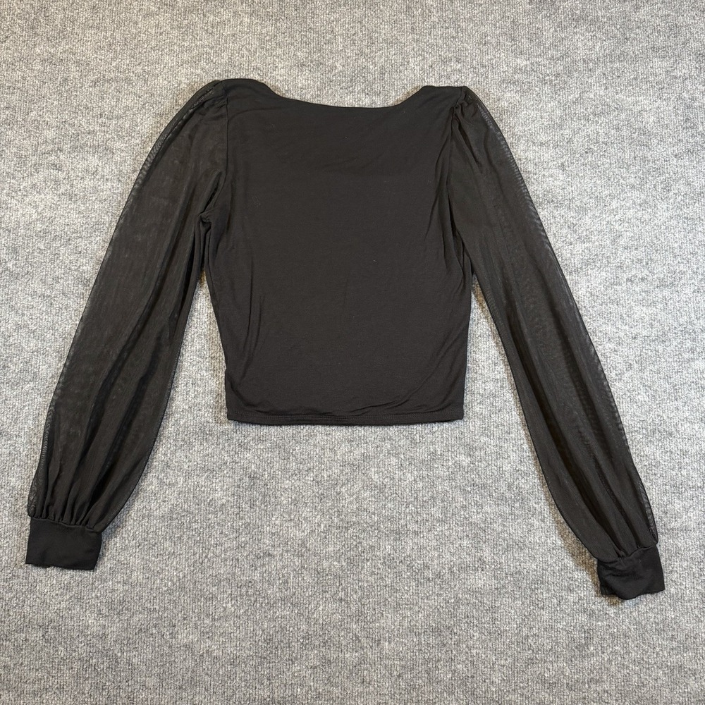 SIX/FIFTY Black Crop Top Size M Mesh Long Sleeves Scoop Neck Whimsigoth - Picture 2 of 8